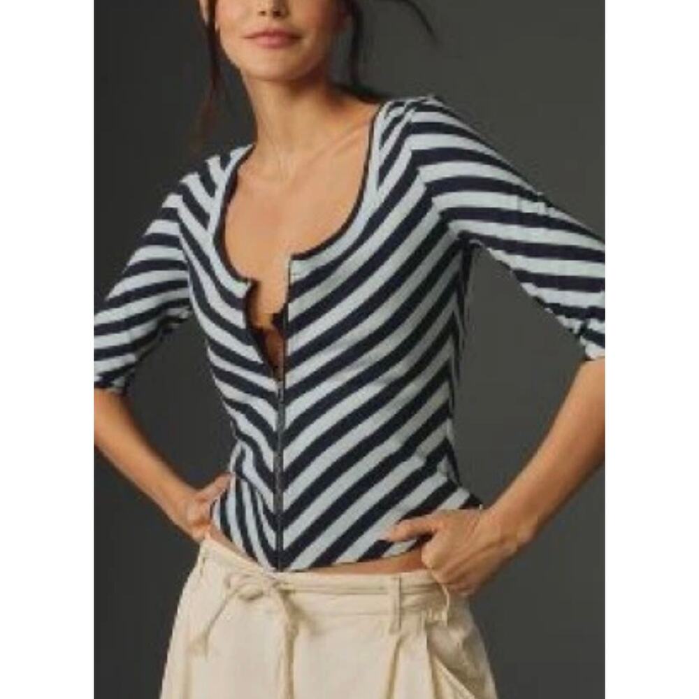 Anthropologie Maeve Front Zip Scoop Neck Top Women’s XL Blue Motif Chevron